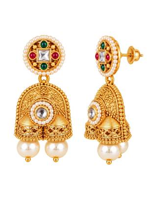 gold-plated copper multicolour kundan jhumka necklace set 4
