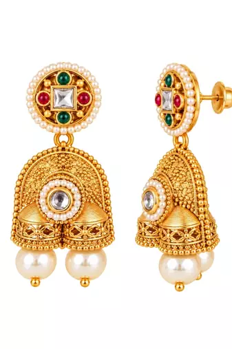 gold-plated copper multicolour kundan jhumka necklace set