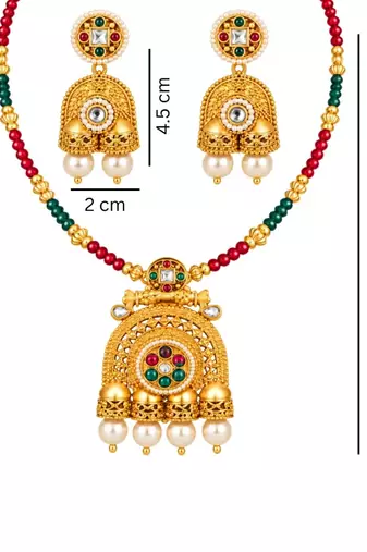 gold-plated copper multicolour kundan jhumka necklace set