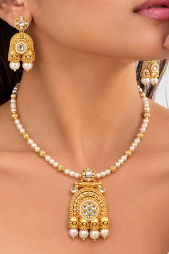 gold-plated copper stone bead jhumka necklace set