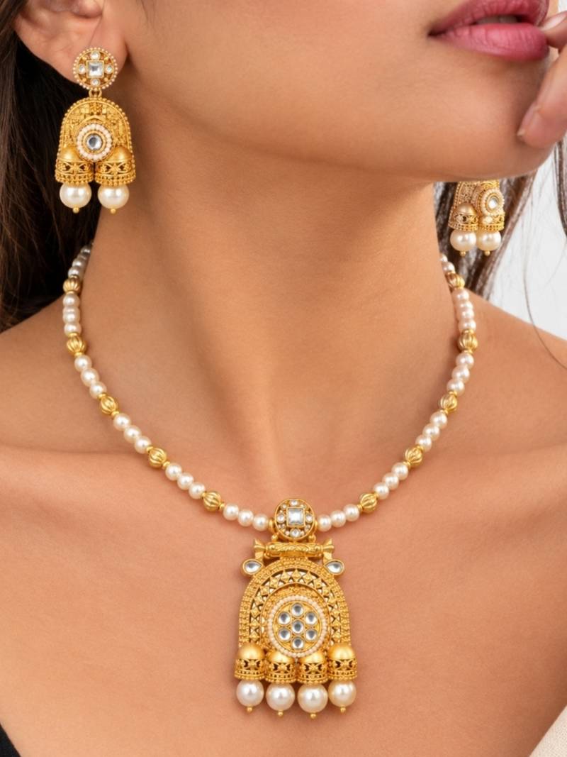 gold-plated copper stone bead jhumka necklace set
