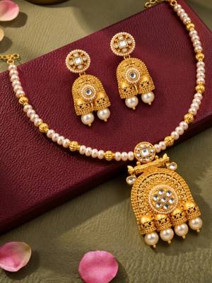 gold-plated copper stone bead jhumka necklace set 2