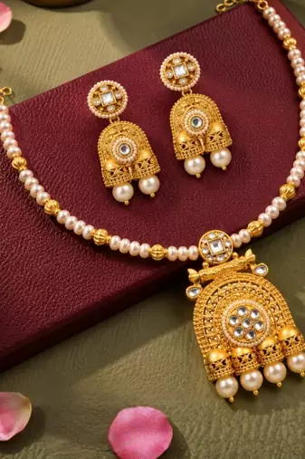 gold-plated copper stone bead jhumka necklace set
