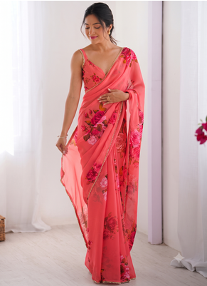 georgette printed saree with moti lace border 1