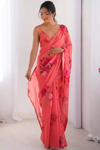 georgette printed saree with moti lace border