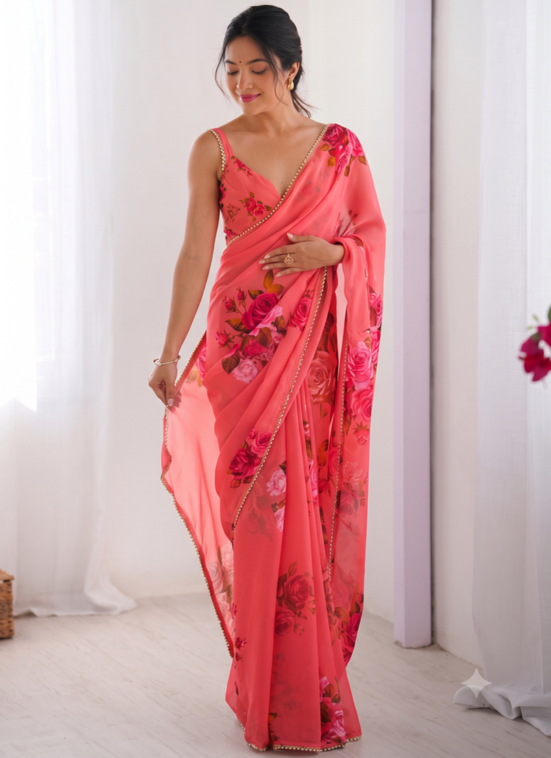 georgette printed saree with moti lace border