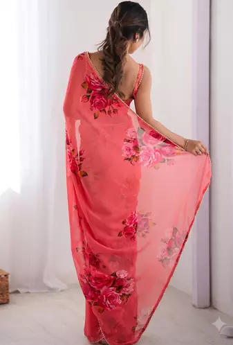 georgette printed saree with moti lace border