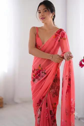 georgette printed saree with moti lace border