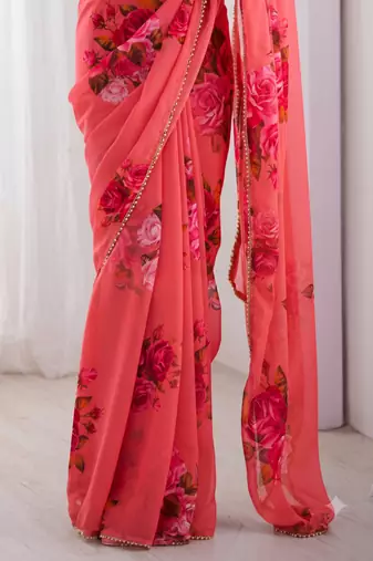 georgette printed saree with moti lace border