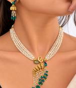 gold-plated copper pearl layered peacock pendant necklace set