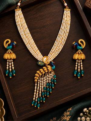 gold-plated copper pearl layered peacock pendant necklace set 2