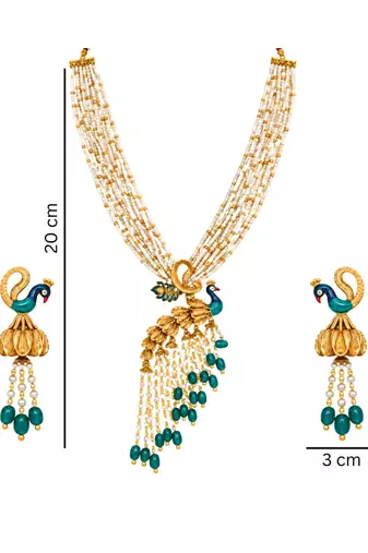 gold-plated copper pearl layered peacock pendant necklace set