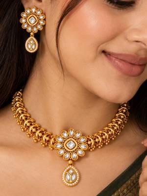 gold-plated copper white kundan floral choker necklace set 1