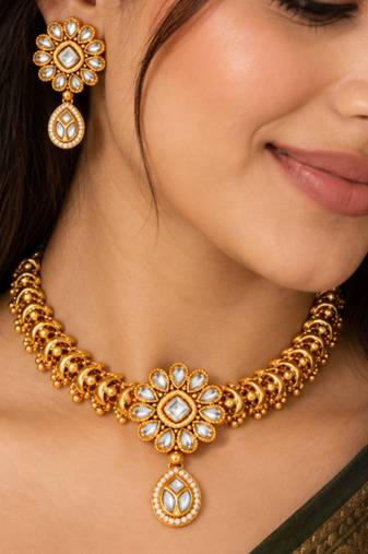gold-plated copper white kundan floral choker necklace set