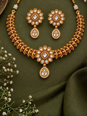 gold-plated copper white kundan floral choker necklace set 2