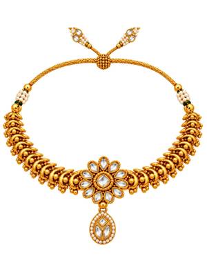 gold-plated copper white kundan floral choker necklace set 3