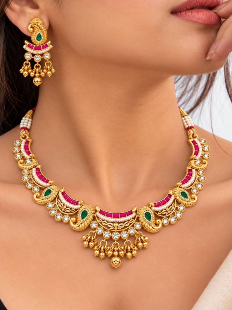 gold-plated copper multicolour kundan choker necklace set