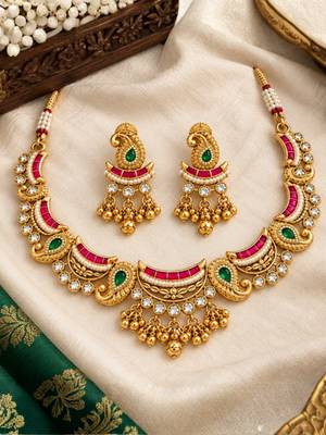 gold-plated copper multicolour kundan choker necklace set 2