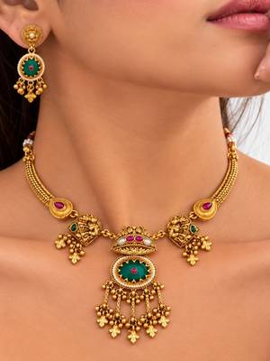 gold-plated copper multicolour temple necklace set with ghungroo pendant 1