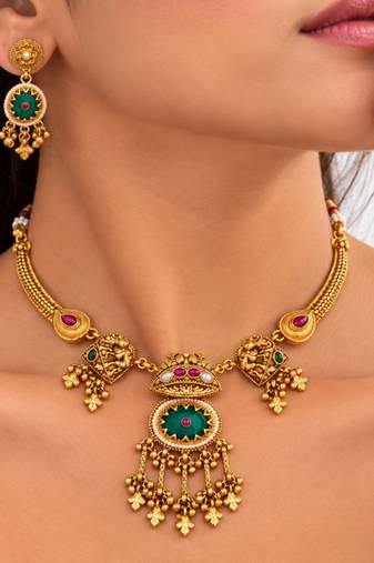 gold-plated copper multicolour temple necklace set with ghungroo pendant