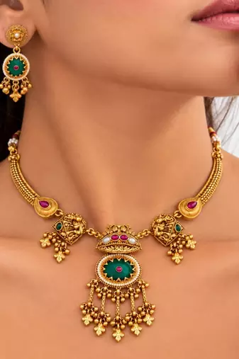 gold-plated copper multicolour temple necklace set with ghungroo pendant