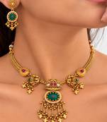 gold-plated copper multicolour temple necklace set with ghungroo pendant