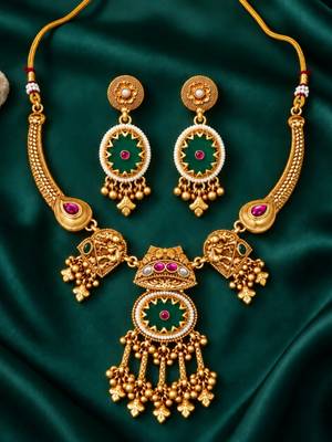 gold-plated copper multicolour temple necklace set with ghungroo pendant 2