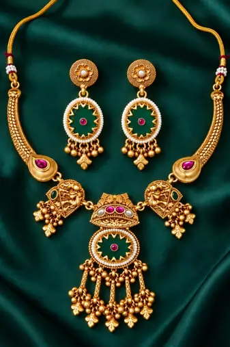 gold-plated copper multicolour temple necklace set with ghungroo pendant