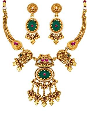 gold-plated copper multicolour temple necklace set with ghungroo pendant 3