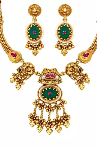 gold-plated copper multicolour temple necklace set with ghungroo pendant