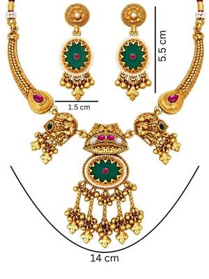 gold-plated copper multicolour temple necklace set with ghungroo pendant 5