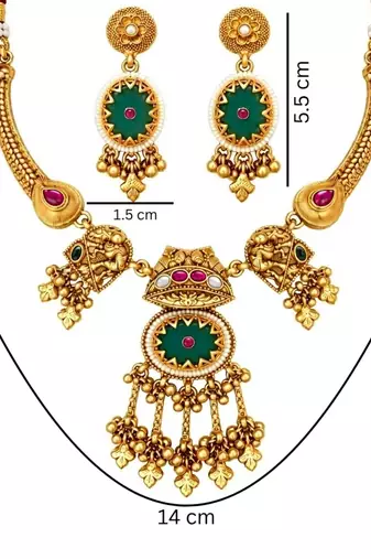 gold-plated copper multicolour temple necklace set with ghungroo pendant