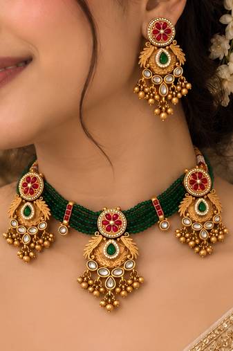 gold-plated copper green bead kundan bridal necklace set