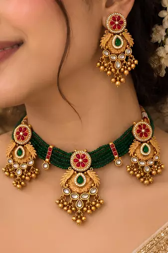 gold-plated copper green bead kundan bridal necklace set