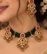 gold-plated copper green bead kundan bridal necklace set
