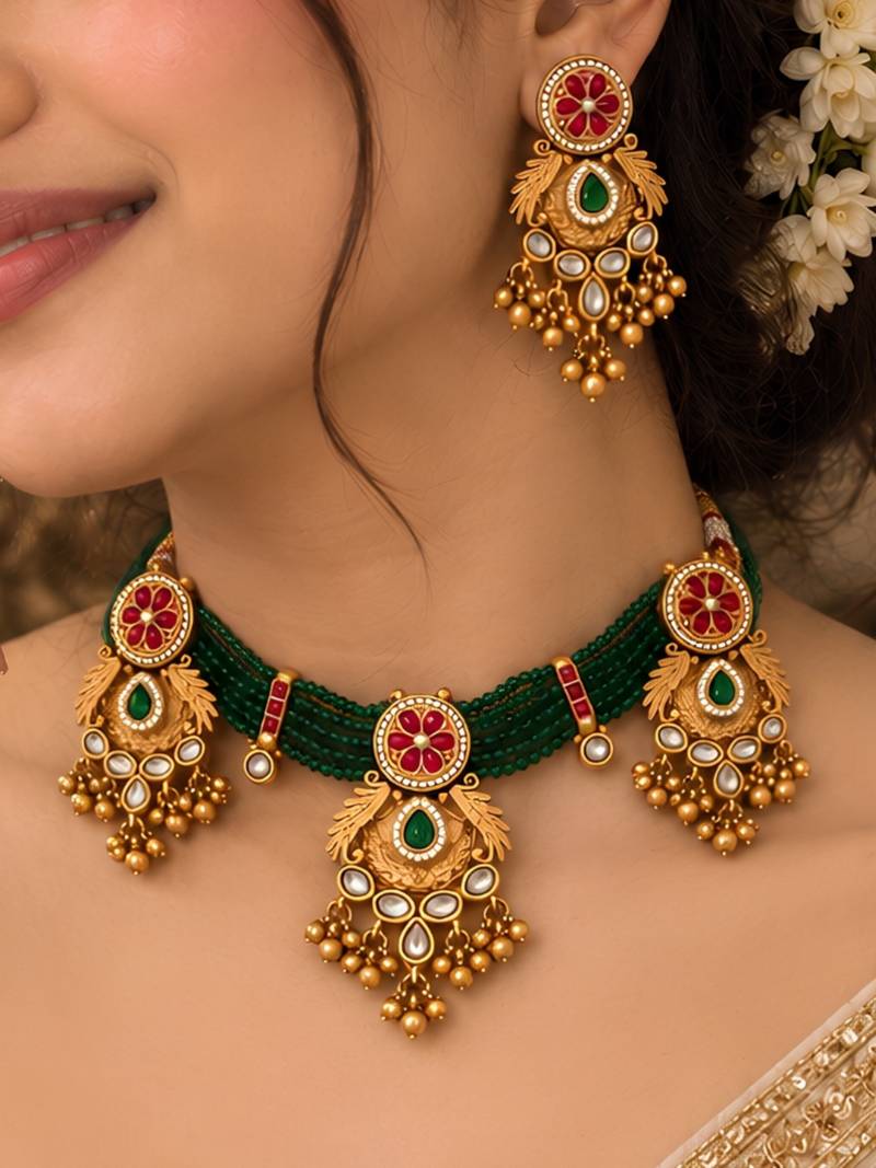 gold-plated copper green bead kundan bridal necklace set