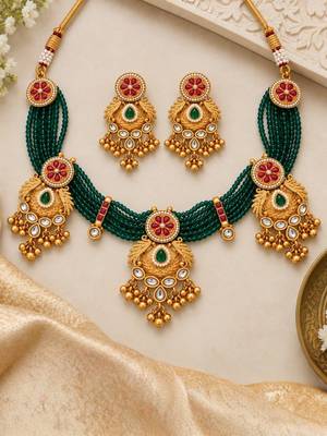 gold-plated copper green bead kundan bridal necklace set 2