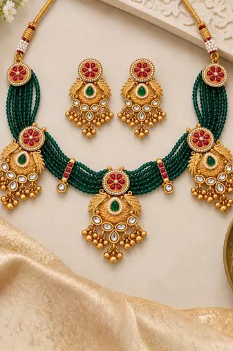 gold-plated copper green bead kundan bridal necklace set