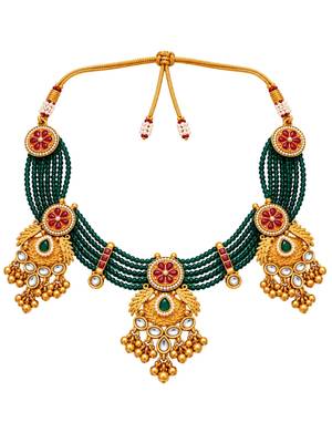 gold-plated copper green bead kundan bridal necklace set 3