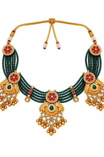 gold-plated copper green bead kundan bridal necklace set