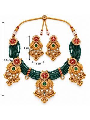 gold-plated copper green bead kundan bridal necklace set 5