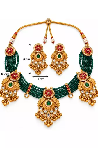 gold-plated copper green bead kundan bridal necklace set