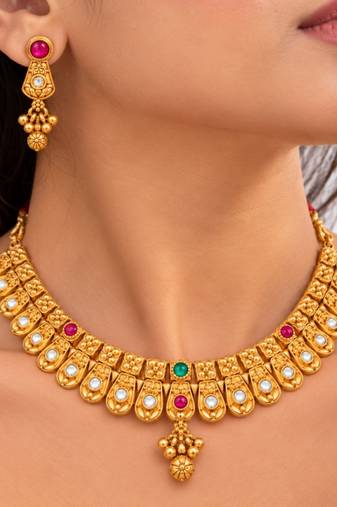 gold-plated copper multicolour stone choker necklace set