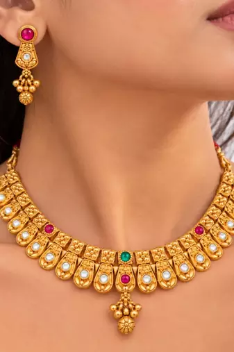 gold-plated copper multicolour stone choker necklace set