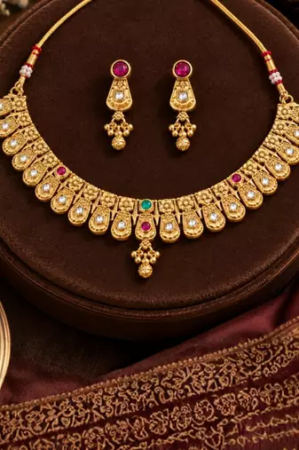 gold-plated copper multicolour stone choker necklace set