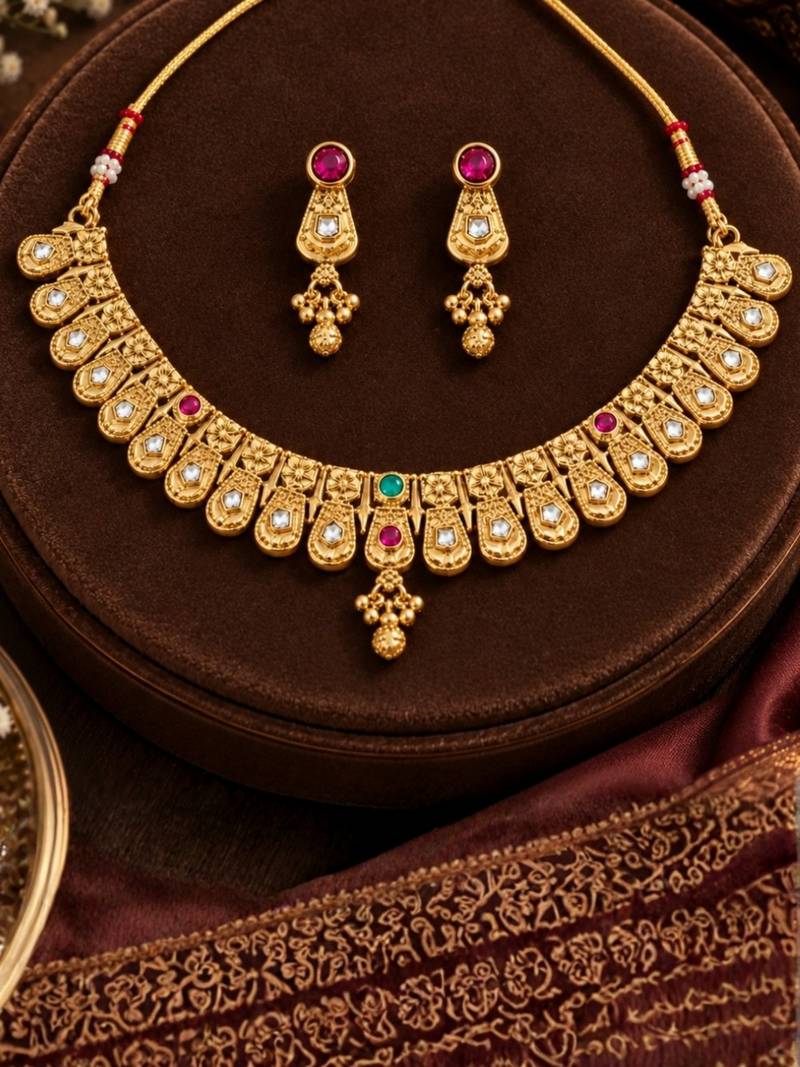 gold-plated copper multicolour stone choker necklace set