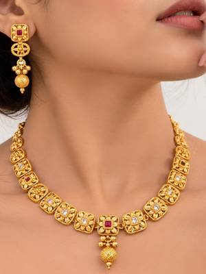 gold-plated copper multicolour floral necklace set with drop earrings 1