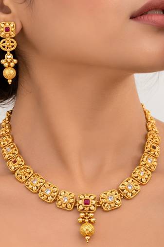 gold-plated copper multicolour floral necklace set with drop earrings
