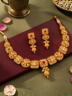 gold-plated copper multicolour floral necklace set with drop earrings 2