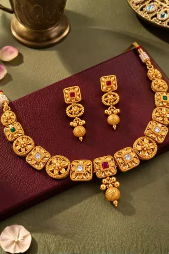 gold-plated copper multicolour floral necklace set with drop earrings